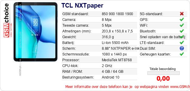 TCL NXTpaper Technische gegevens TCL NXTpaper Technische gegevens