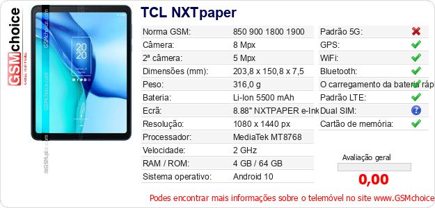 TCL NXTpaper Especificações técnicas do telemóvel TCL NXTpaper Especificações técnicas do telemóvel