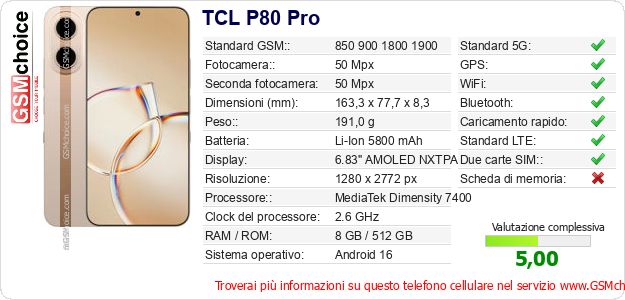 TCL P80 Pro Dati tecnici di telefono cellulare TCL P80 Pro Dati tecnici di telefono cellulare