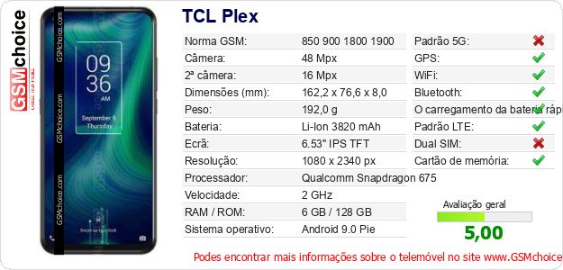 TCL Plex Especificações técnicas do telemóvel 