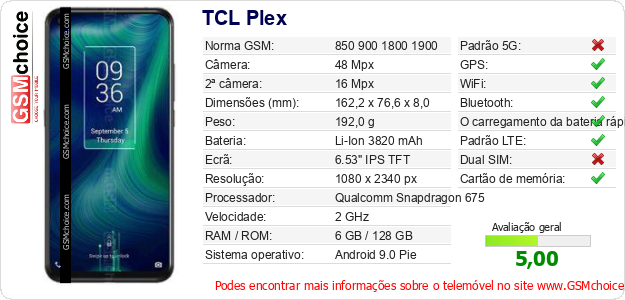 TCL Plex Especificações técnicas do telemóvel 