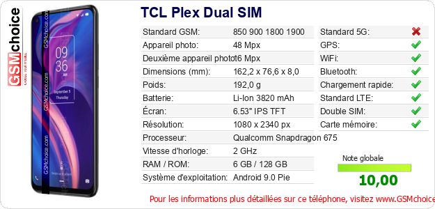 TCL Plex Dual SIM Fiche technique TCL Plex Dual SIM Fiche technique