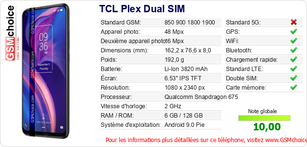 TCL Plex Dual SIM Fiche technique