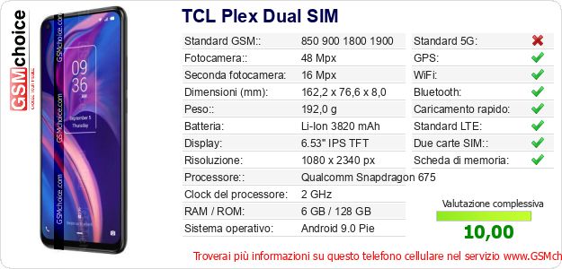 TCL Plex Dual SIM Dati tecnici di telefono cellulare 