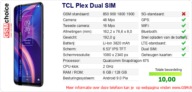 TCL Plex Dual SIM Technische gegevens 