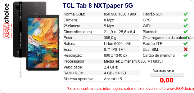 TCL Tab 8 NXTpaper 5G Especificações técnicas do telemóvel  TCL Tab 8 NXTpaper 5G Especificações técnicas do telemóvel