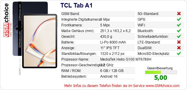 TCL Tab A1 technische Daten TCL Tab A1 technische Daten