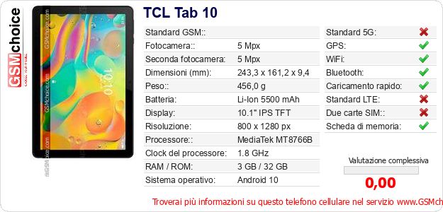 TCL Tab 10 Dati tecnici di telefono cellulare TCL Tab 10 Dati tecnici di telefono cellulare