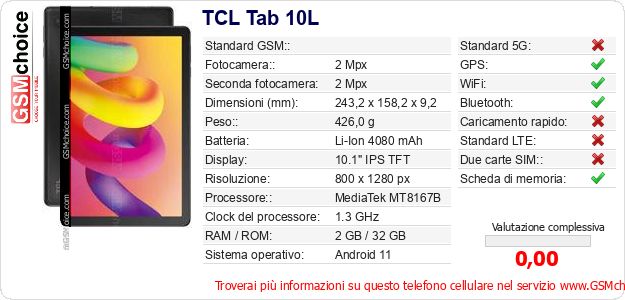 TCL Tab 10L Dati tecnici di telefono cellulare TCL Tab 10L Dati tecnici di telefono cellulare