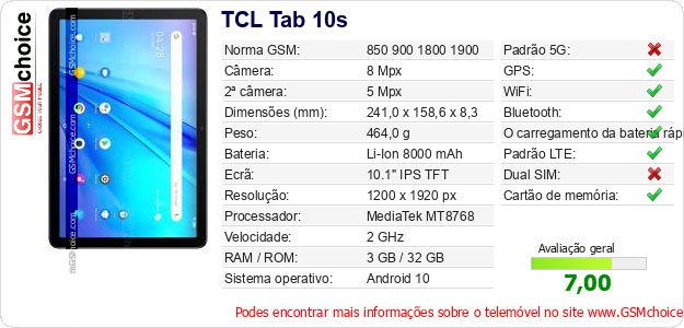TCL Tab 10s Especificações técnicas do telemóvel TCL Tab 10s Especificações técnicas do telemóvel