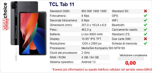 TCL Tab 11 Dati tecnici di telefono cellulare 
