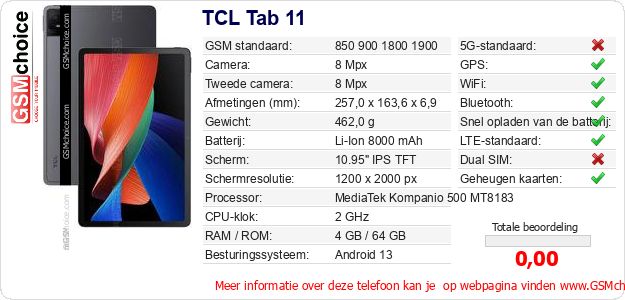 TCL Tab 11 Technische gegevens TCL Tab 11 Technische gegevens