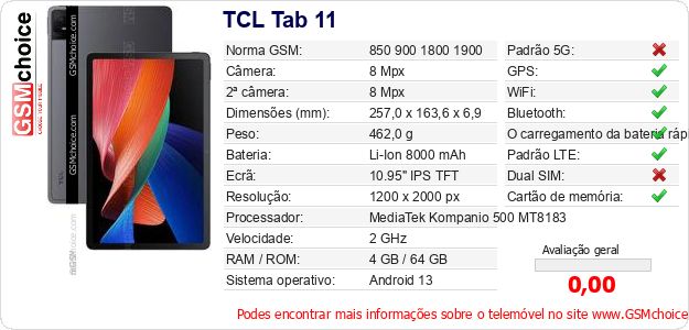 TCL Tab 11 Especificações técnicas do telemóvel TCL Tab 11 Especificações técnicas do telemóvel