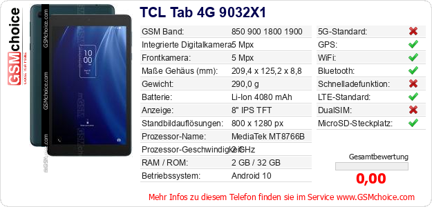 TCL Tab 4G 9032X1 technische Daten TCL Tab 4G 9032X1 technische Daten