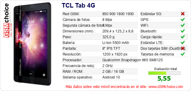 TCL Tab 4G Datos técnicos del móvil TCL Tab 4G Datos técnicos del móvil