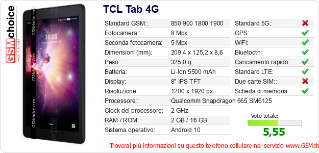 TCL Tab 4G Dati tecnici di telefono cellulare 