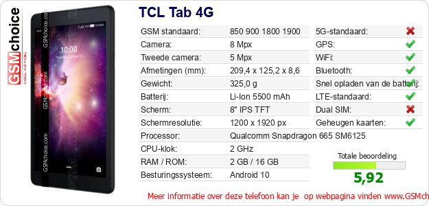 TCL Tab 4G Technische gegevens TCL Tab 4G Technische gegevens