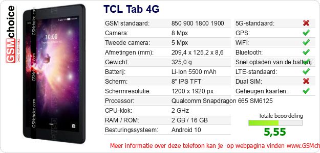 TCL Tab 4G Technische gegevens TCL Tab 4G Technische gegevens