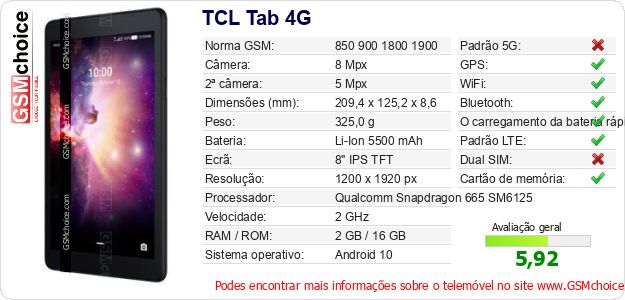TCL Tab 4G Especificações técnicas do telemóvel TCL Tab 4G Especificações técnicas do telemóvel