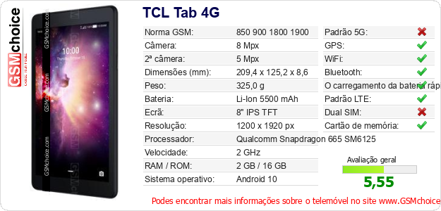 TCL Tab 4G Especificações técnicas do telemóvel 