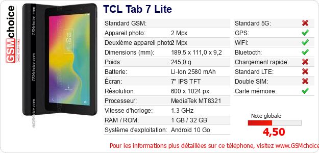 TCL Tab 7 Lite Fiche technique TCL Tab 7 Lite Fiche technique