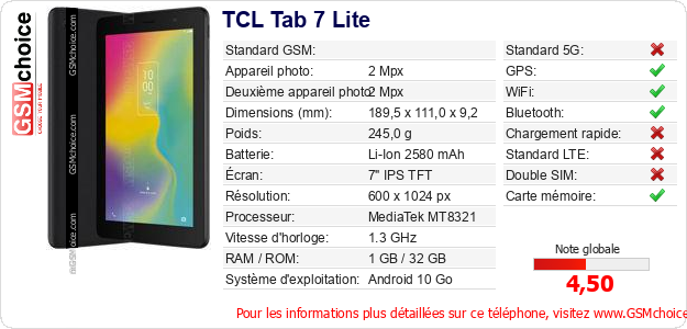 TCL Tab 7 Lite Fiche technique