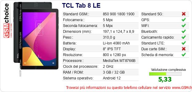 TCL Tab 8 LE Dati tecnici di telefono cellulare TCL Tab 8 LE Dati tecnici di telefono cellulare