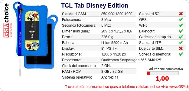 TCL Tab Disney Edition Dati tecnici di telefono cellulare TCL Tab Disney Edition Dati tecnici di telefono cellulare
