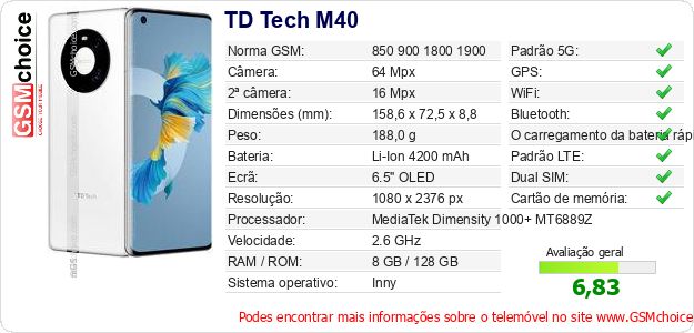 TD Tech M40 Especificações técnicas do telemóvel TD Tech M40 Especificações técnicas do telemóvel