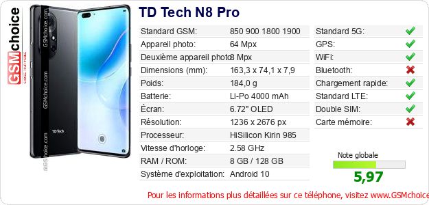 TD Tech N8 Pro Fiche technique