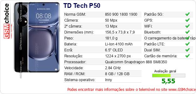 TD Tech P50 Especificações técnicas do telemóvel TD Tech P50 Especificações técnicas do telemóvel