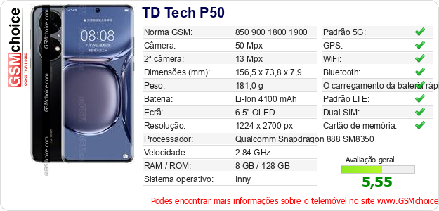 TD Tech P50 Especificações técnicas do telemóvel TD Tech P50 Especificações técnicas do telemóvel