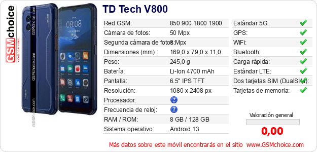 TD Tech V800 Datos técnicos del móvil TD Tech V800 Datos técnicos del móvil