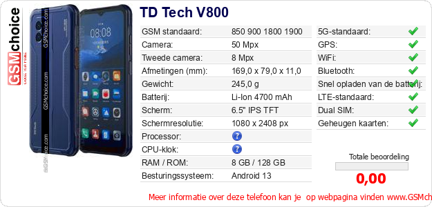 TD Tech V800 Technische gegevens TD Tech V800 Technische gegevens