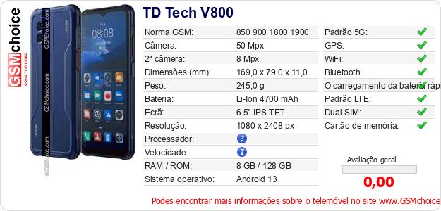 TD Tech V800 Especificações técnicas do telemóvel 