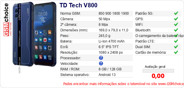TD Tech V800 Especificações técnicas do telemóvel TD Tech V800 Especificações técnicas do telemóvel