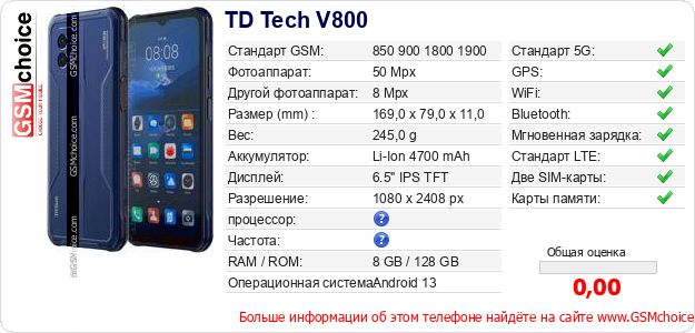 TD Tech V800 Технические данные телефона TD Tech V800 Технические данные телефона