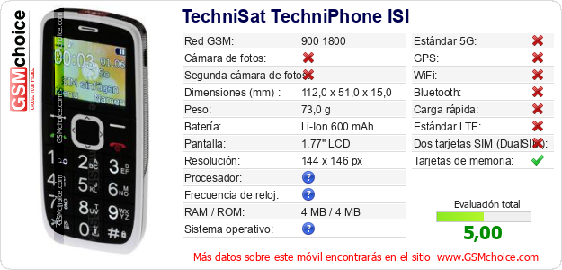 TechniSat TechniPhone ISI Datos técnicos del móvil 