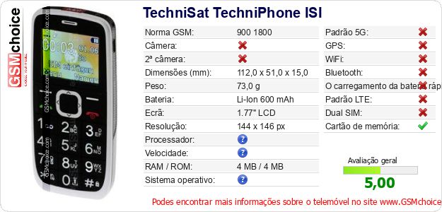TechniSat TechniPhone ISI Especificações técnicas do telemóvel TechniSat TechniPhone ISI Especificações técnicas do telemóvel
