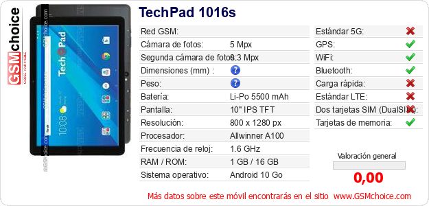 TechPad 1016s Datos técnicos del móvil TechPad 1016s Datos técnicos del móvil