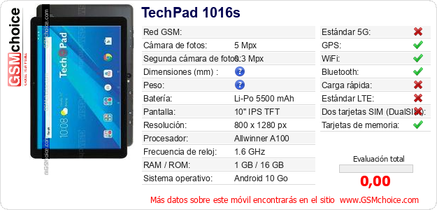 TechPad 1016s Datos técnicos del móvil TechPad 1016s Datos técnicos del móvil