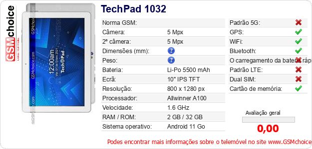 TechPad 1032 Especificações técnicas do telemóvel 