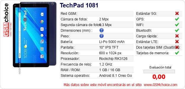 TechPad 1081 Datos técnicos del móvil TechPad 1081 Datos técnicos del móvil