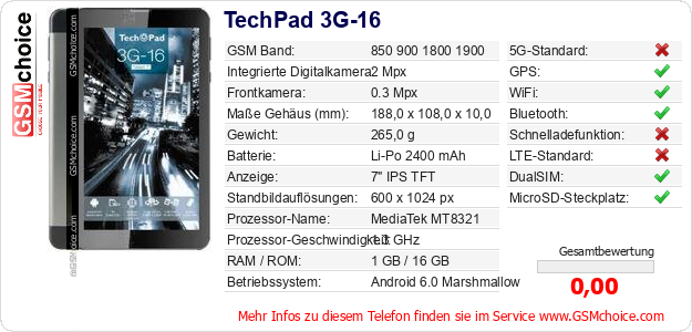 TechPad 3G-16 technische Daten TechPad 3G-16 technische Daten