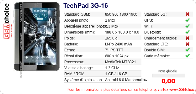 TechPad 3G-16 Fiche technique TechPad 3G-16 Fiche technique