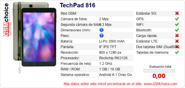 TechPad 816 Datos técnicos del móvil 