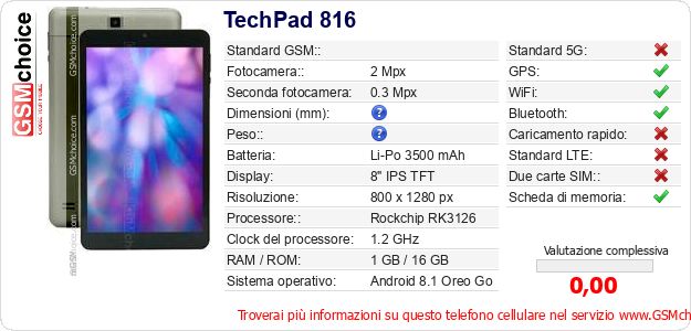 TechPad 816 Dati tecnici di telefono cellulare 