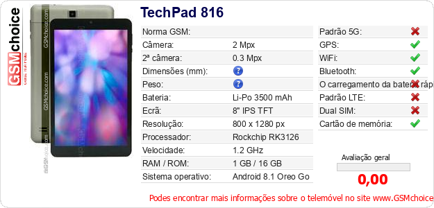 TechPad 816 Especificações técnicas do telemóvel 