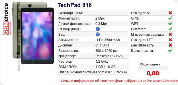 TechPad 816 Технические данные телефона TechPad 816 Технические данные телефона