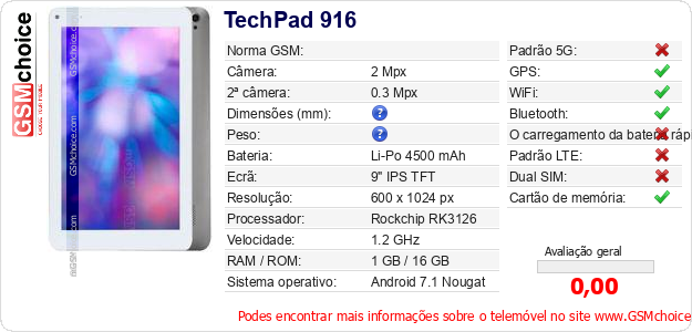 TechPad 916 Especificações técnicas do telemóvel 